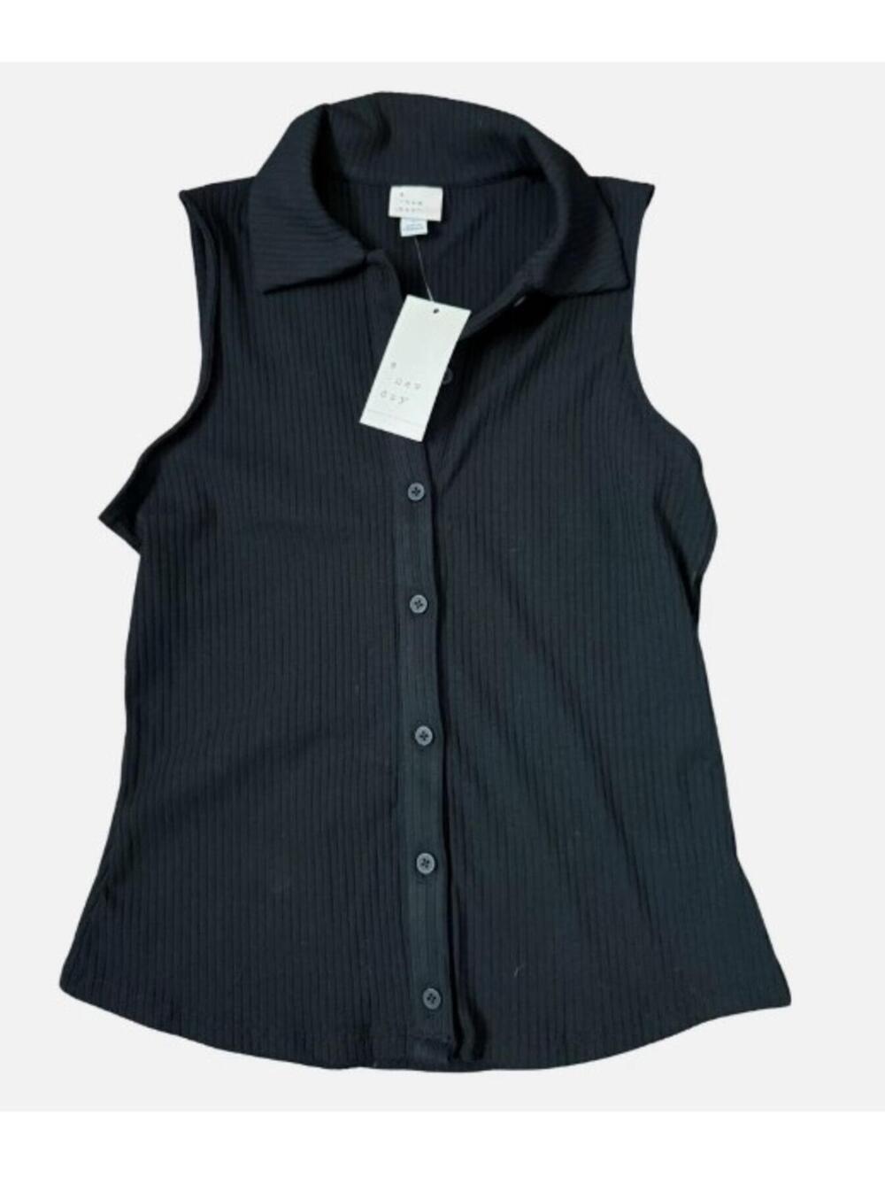 a new day Women’s Black Ribbed Sleeveless Button‑Front Top – Small New